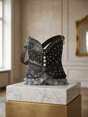Unique Studded Black Corset-Style Shoulder Bag ✨